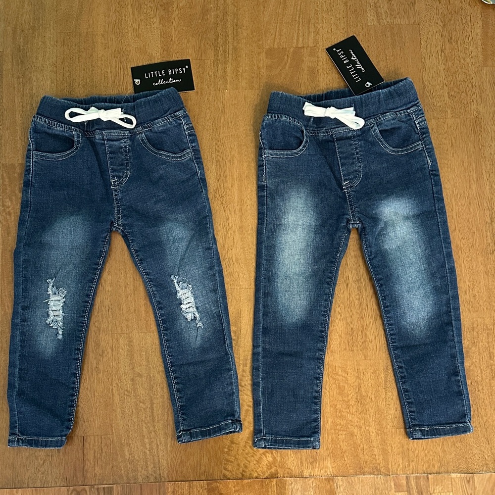 NWT Little Bipsy Classic Wash Denim (one distressed) with White Drawstring 2-3T